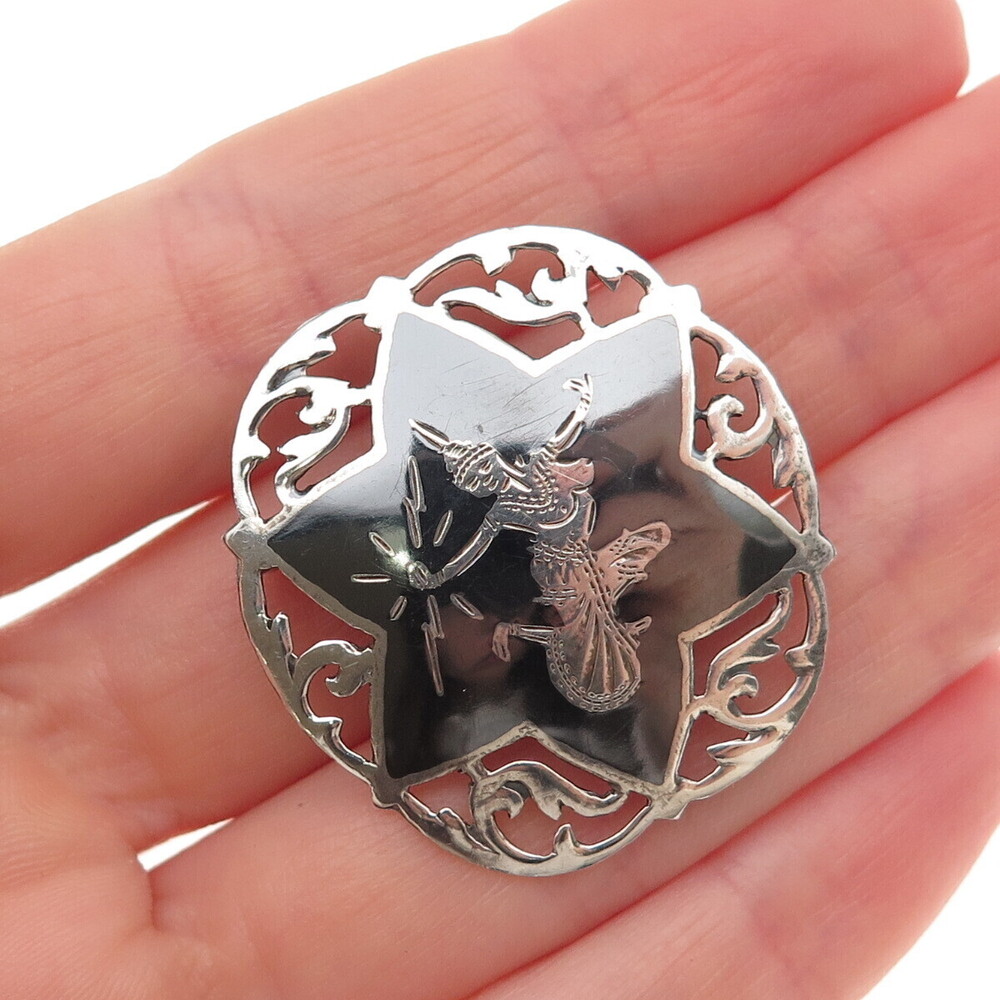 925 Sterling Silver Antique Siam Niello Hindu Goddess Oxidized Pin Brooch